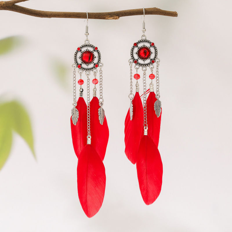Thumbnail: Vintage Rhinestone Feather Drop Earrings for Women – Ethnic Elegant Design