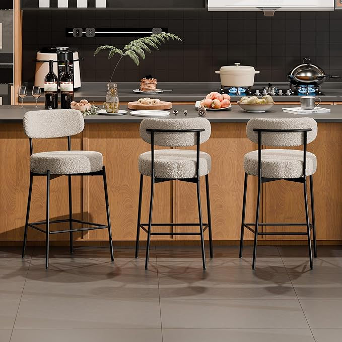 Thumbnail: Set of 2 Bouclé Bar Stools – 24" Counter Height with Curved Back, Modern Design