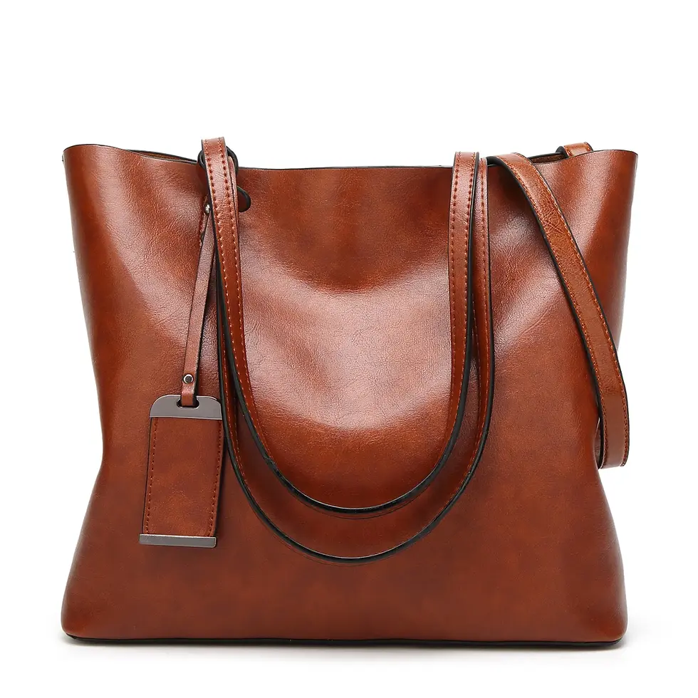 Thumbnail: Waxed Leather Double Strap Bucket Shoulder and Tote Handbag for Women