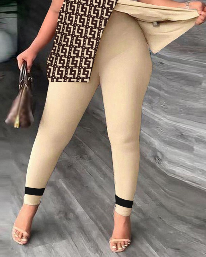Thumbnail: Two-Piece Printed Set with Ruffle Sleeve Top and Slim Pants