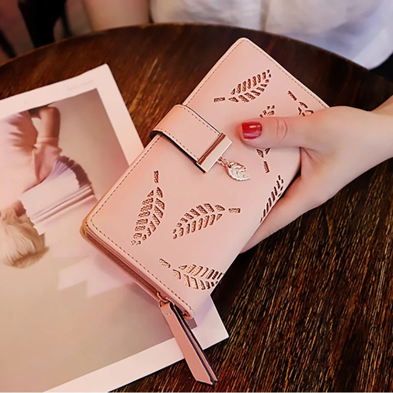 Thumbnail: PU Leather Long Wallet for Women – Hollow‑Leaf Clutch & Card Holder Purse