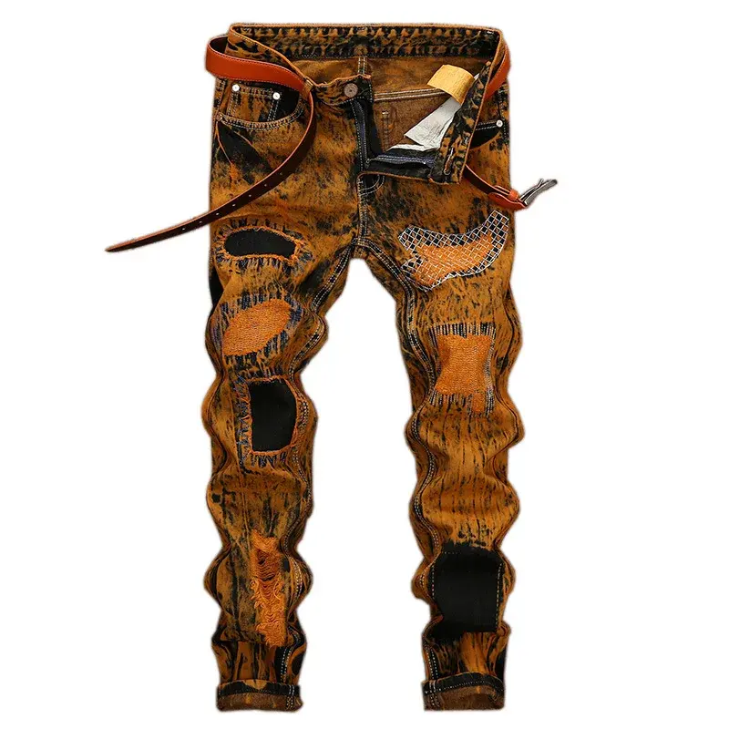 Thumbnail: Men's Motorcycle Jeans Pleated Ripped Decorative Denim Pants