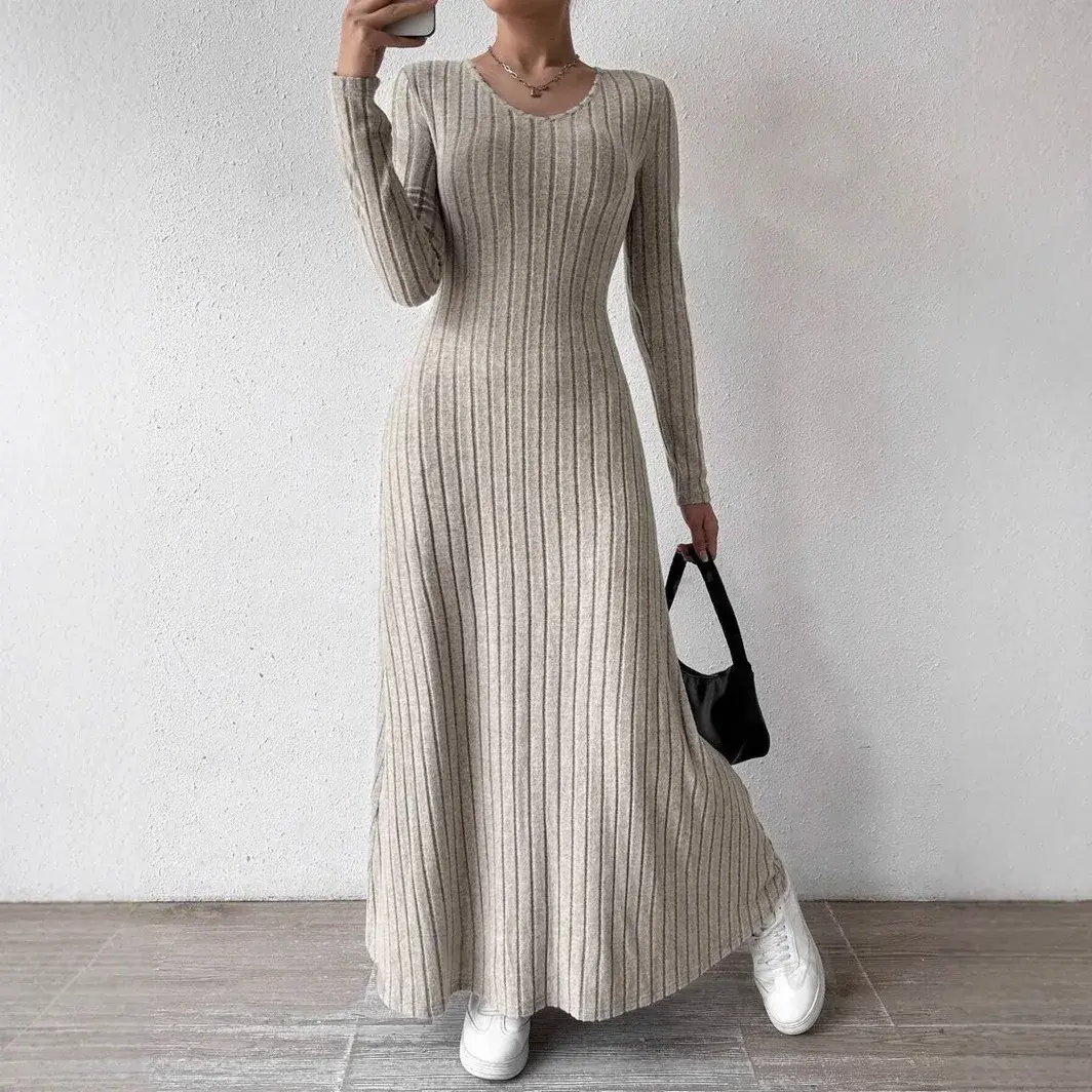 Women O-Neck Knitted Long Sleeve A-Line Dress