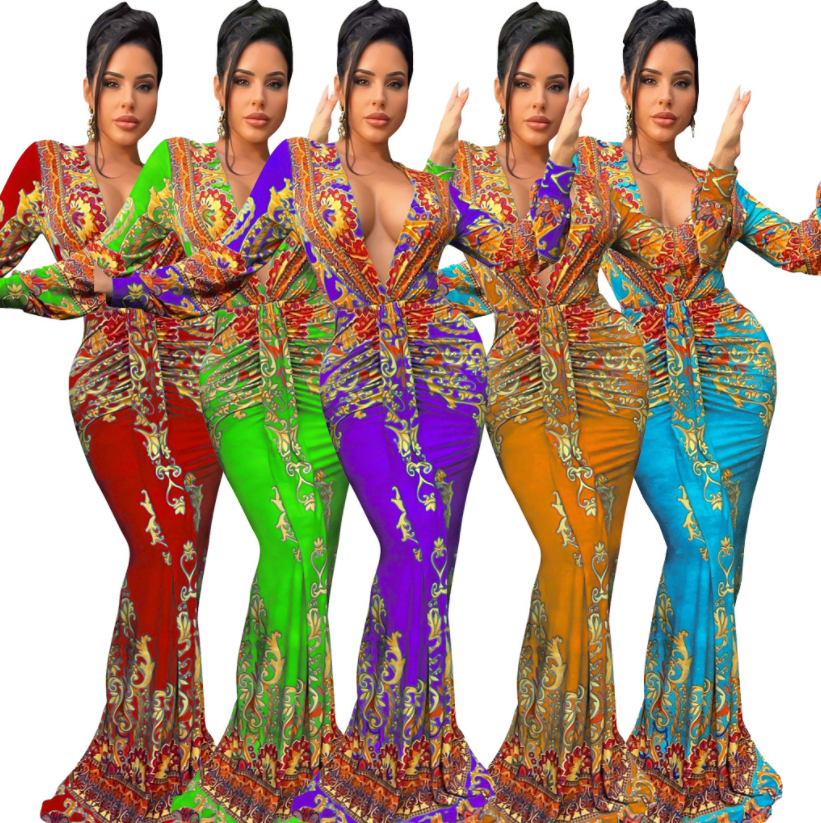 Thumbnail: Printed Mermaid Maxi Dress Deep V‑Neck Ruched High Waist Long Sleeve