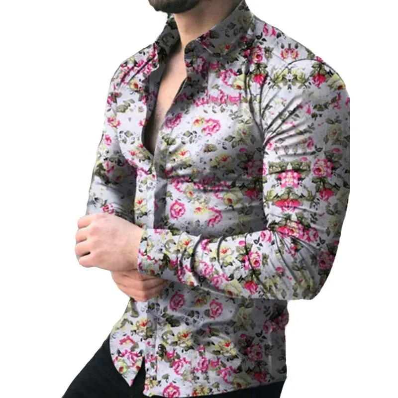 Flower Print Long Sleeve Lapel Shirt for Men Casual Autumn Streetwear