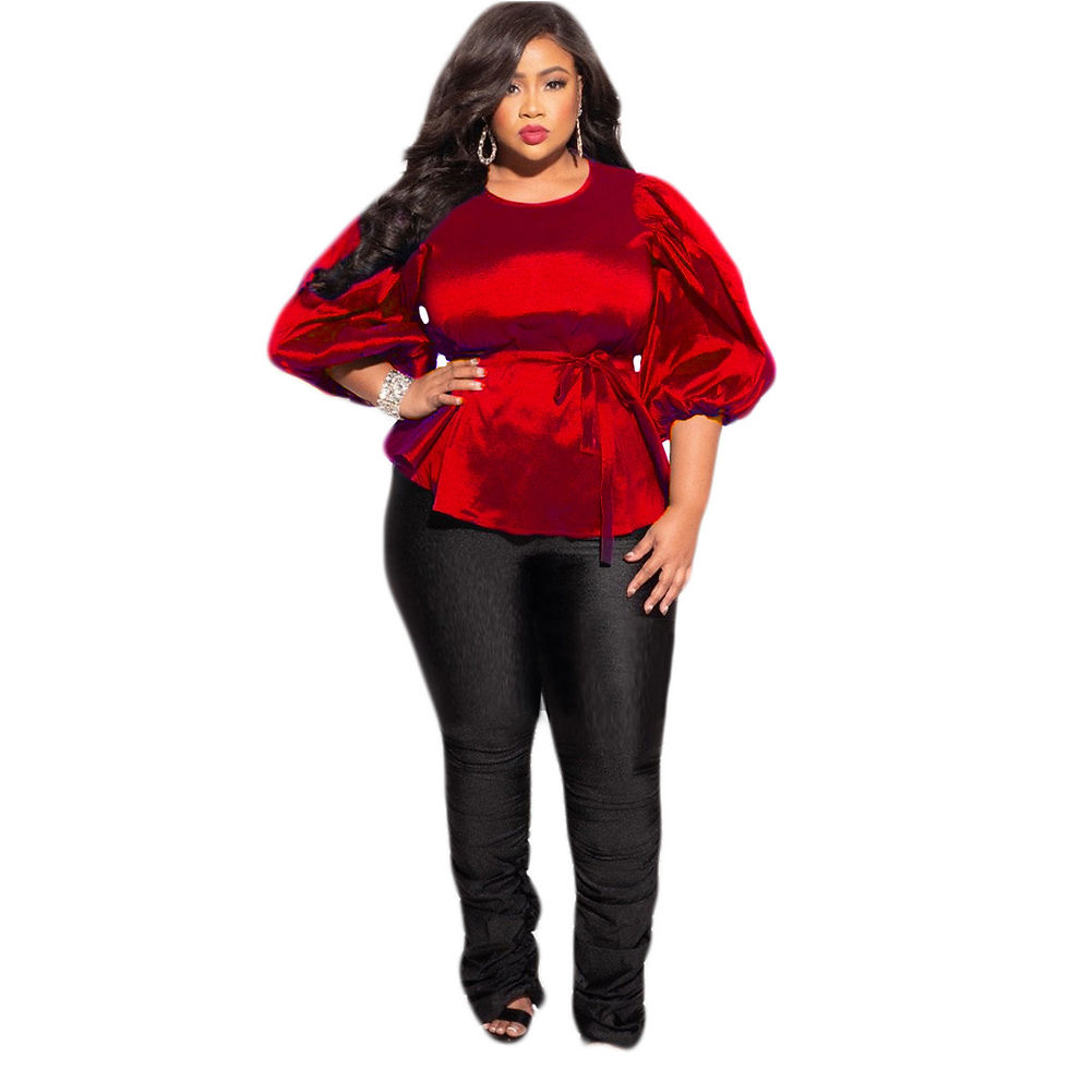 Thumbnail: Satin Lantern Sleeve Lace‑Up Blouse Elegant Plus Size