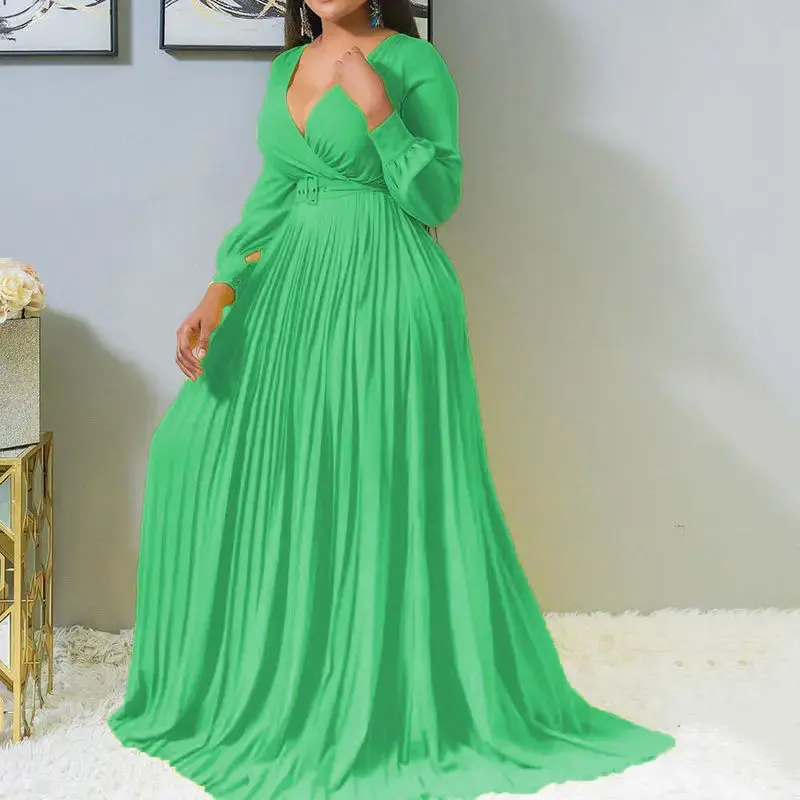Thumbnail: Elegant High Waist Pure Color Chiffon Long Sleeve Retro Maxi Dress