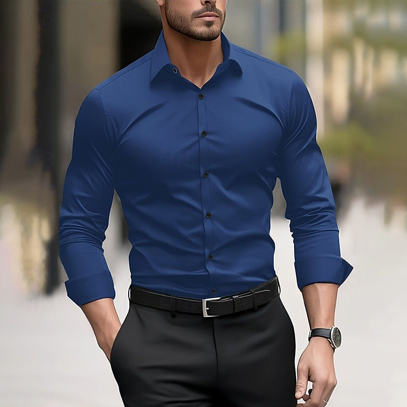 Thumbnail: Men’s Formal Long Sleeve Shirt – Solid Color Wedding & Business Dress Shirt