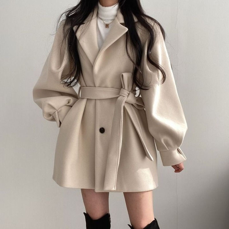 Thumbnail: Womens Slim Fit Wool Blend Coat with Belt in Solid Color for Elegant Winter Wear