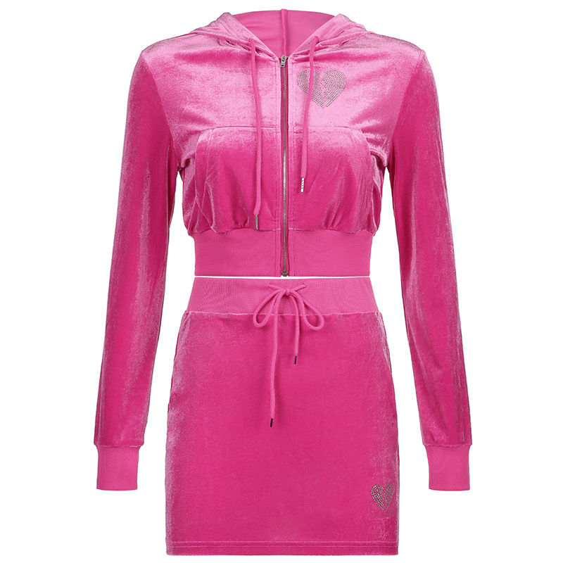 Thumbnail: Women Rhinestone Velvet Hoodie Crop Top & Skirt Set