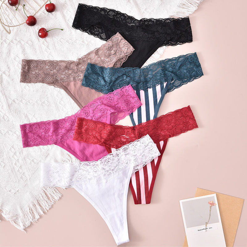 Thumbnail: Women’s Lace Thongs Low-Rise Striped G-String Panties Sexy Lingerie Underwear