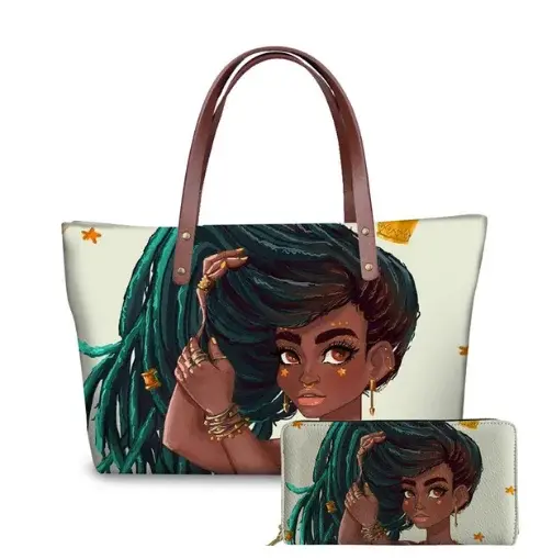 Thumbnail: Black African Art Printed PU Leather Tote & Shoulder Bag Set