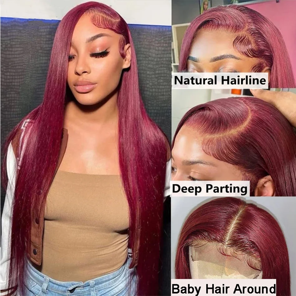Thumbnail: 99J Burgundy Straight Wig – 13x4 & 13x6 HD Lace Pre-Plucked Brazilian Hair