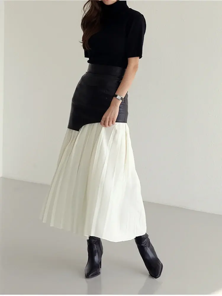Thumbnail: Gothic Patchwork Pu Leather Midi Skirt for Women with High Waist and Folds