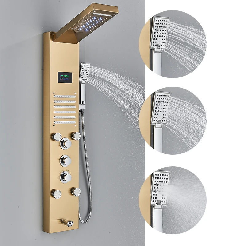 Thumbnail: Golden LED Shower Panel – Digital Display Bath Tower with Triple Handle