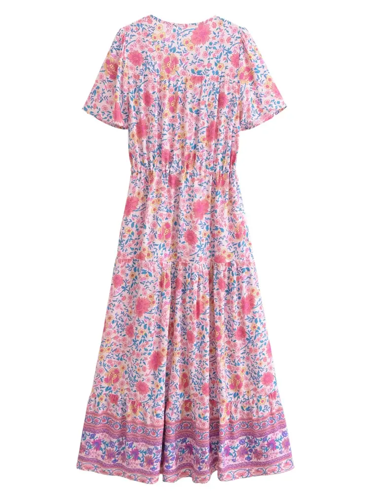 Pink Floral Boho Maxi Dress for Women with Tassels Buttons and V Neck