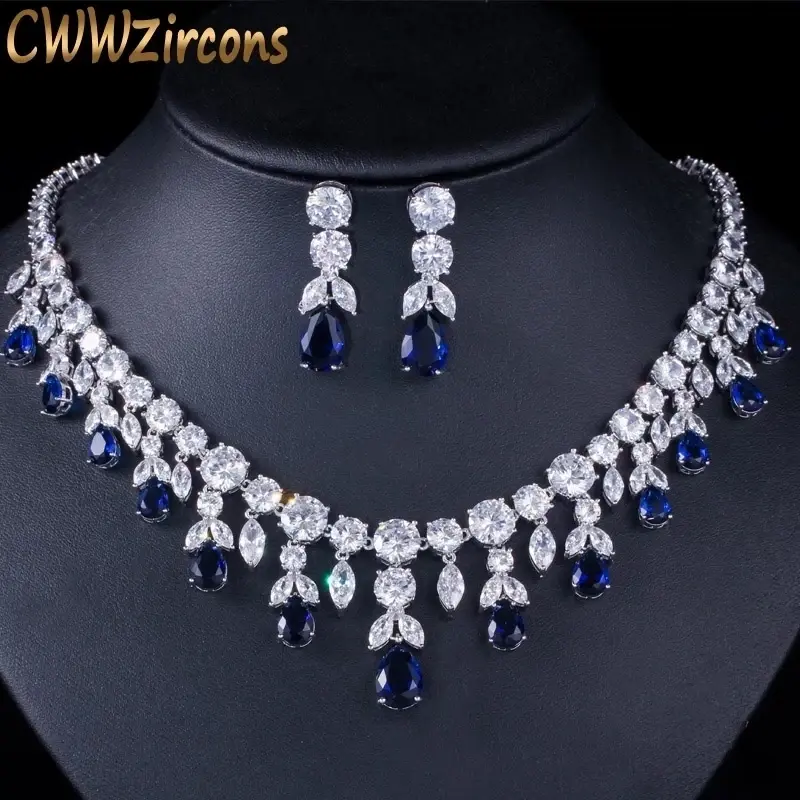 Luxury Dark Blue Big Dangle Drop Bridal Necklace Earrings Jewelry Sets