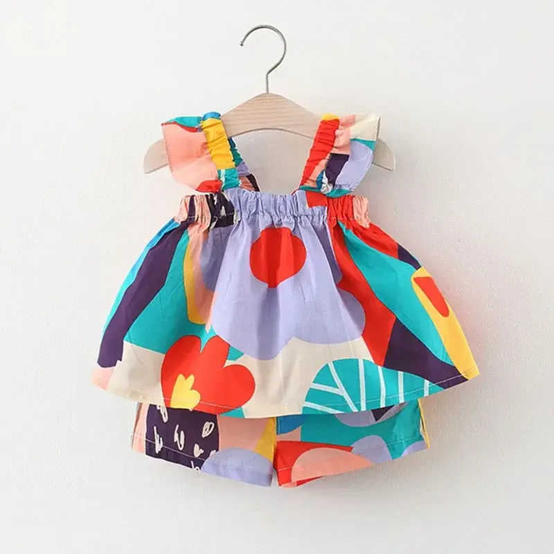 Thumbnail: Summer Baby Girls Clothing Set – Floral Suspender Vest & Shorts