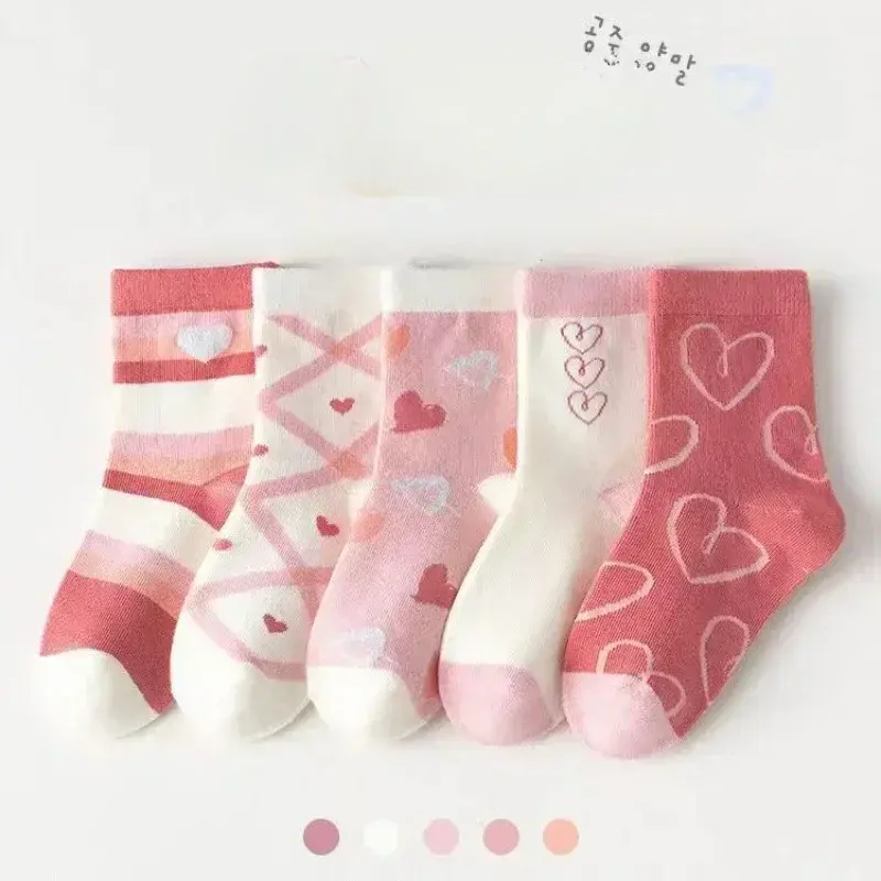 Thumbnail: 5 Pairs Girls Cotton Socks – Korean Love Heart & Flower Print Baby Socks (4–6Y)