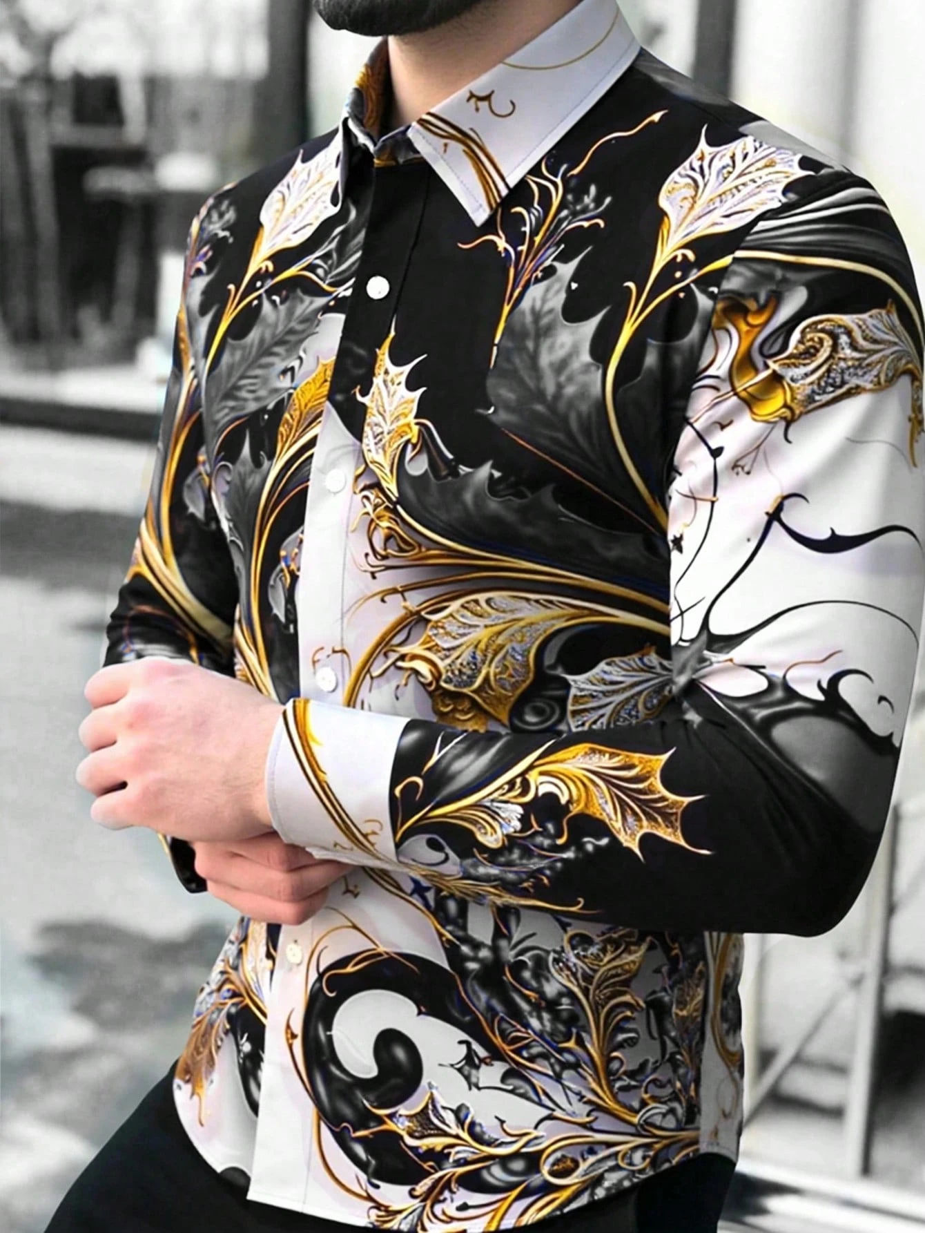 Men’s Geometric Pattern Casual Shirt – Long Sleeve, Polyester Blend