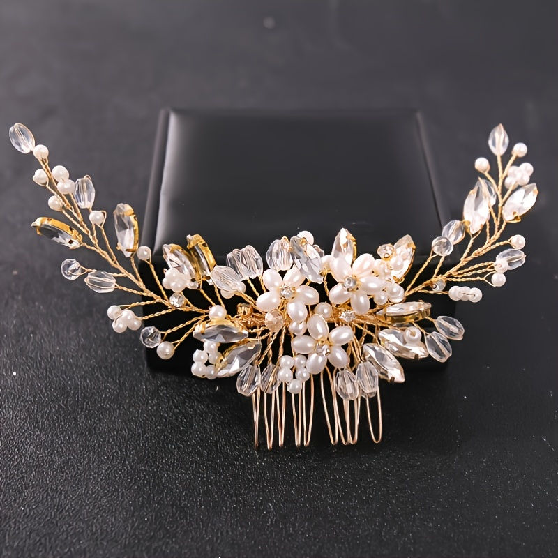 Thumbnail: Crystal Rhinestone Flower Pearl Hair Comb Headband Tiara Hairpin For Women Bride