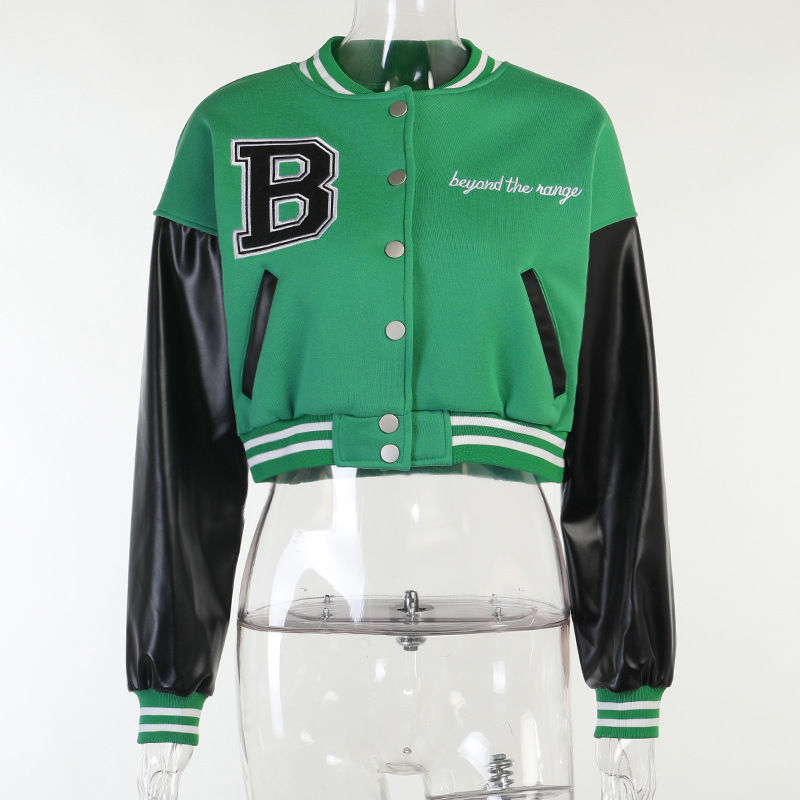Thumbnail: Fall Winter Cropped Leather Sleeve Bomber Jacket Fashion Letterman Baseball Coat