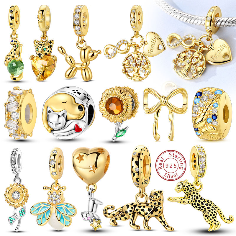 Thumbnail: 925 Silver Golden Bow & Animal Charm Beads with Zircon for DIY Bracelets
