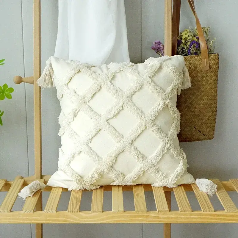 Thumbnail: Nordic Leaf Tufted Pillow Cover – Embroidered Tassel Couch Decor