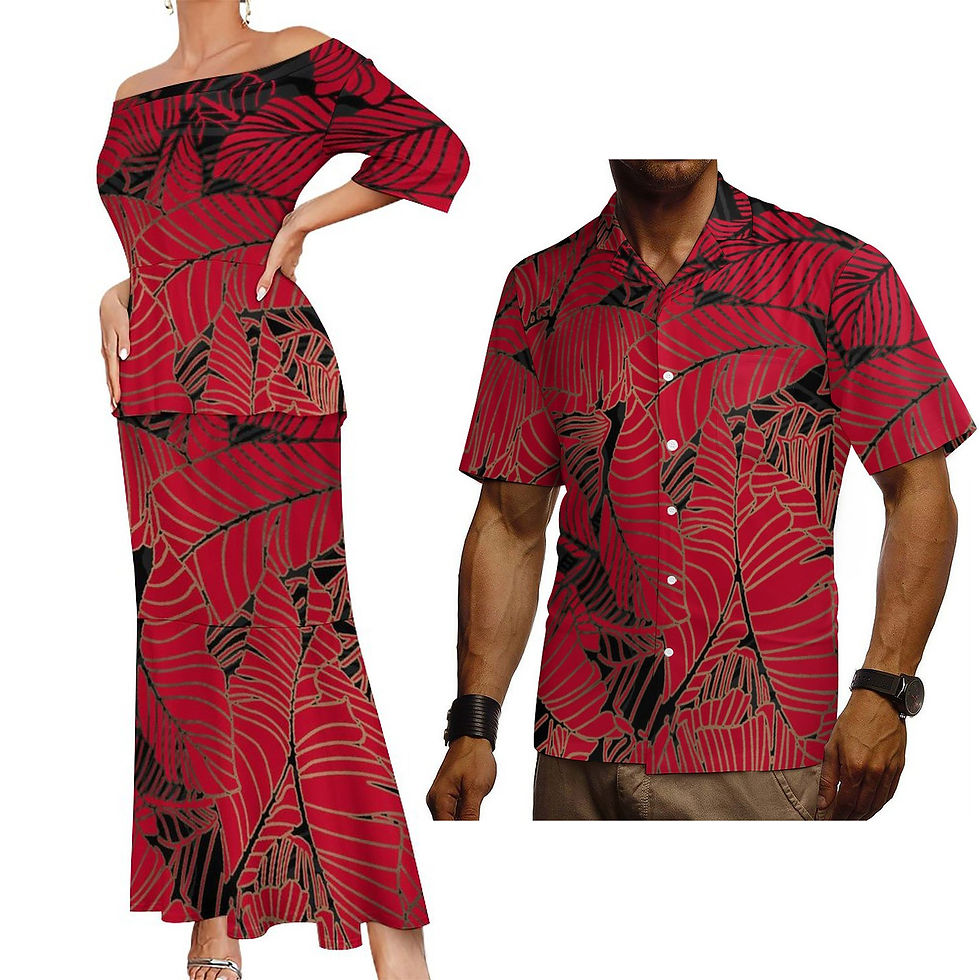 Thumbnail: Hawaiian Tropical Off-Shoulder Fishtail Couple Outfit 2-Piece Set