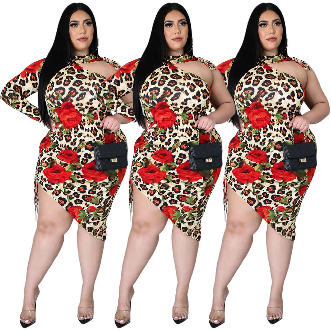 Women’s Plus Size Leopard Print One-Shoulder Sexy Dress