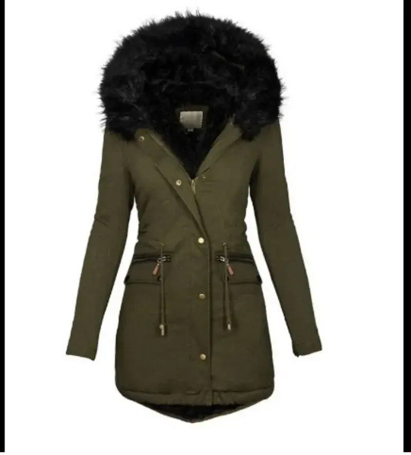 Thumbnail: Womens Slim Fit Mid Length Wool Jacket with Hood and Solid Color Design