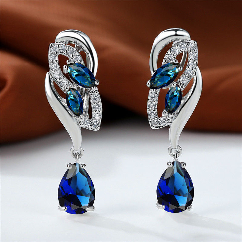Thumbnail: Luxury Blue Rainbow Stone Clip Earrings for Women – Silver Color Classic Design