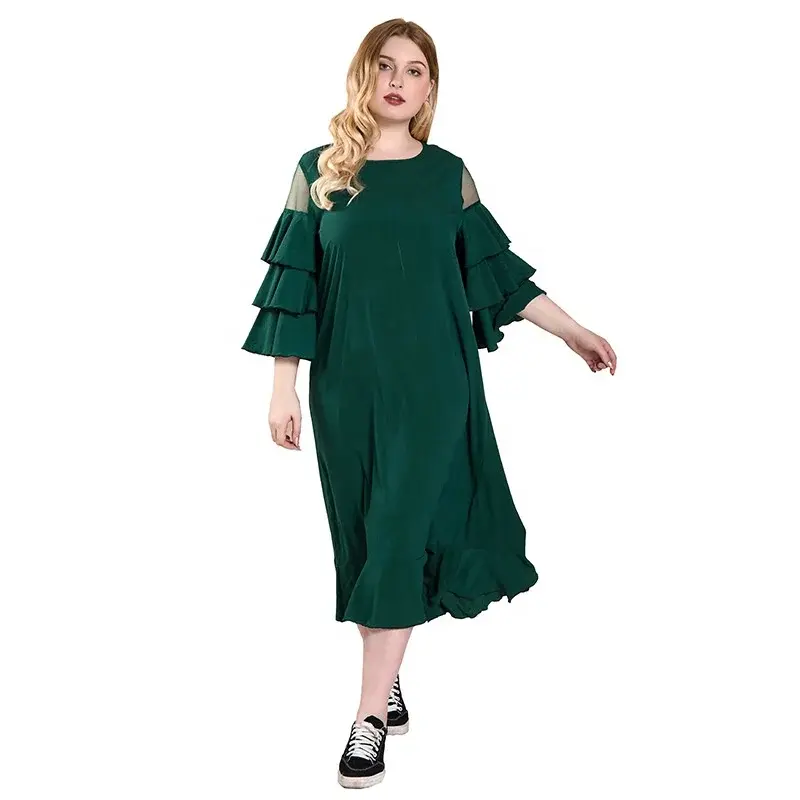 Plus Size Green Long Sleeve Maxi Dress Casual Modest Summer Dress