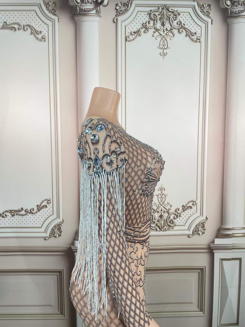 Thumbnail: Rhinestone Sequin Tassel Bodycon Maxi Dress – Split Evening Gown