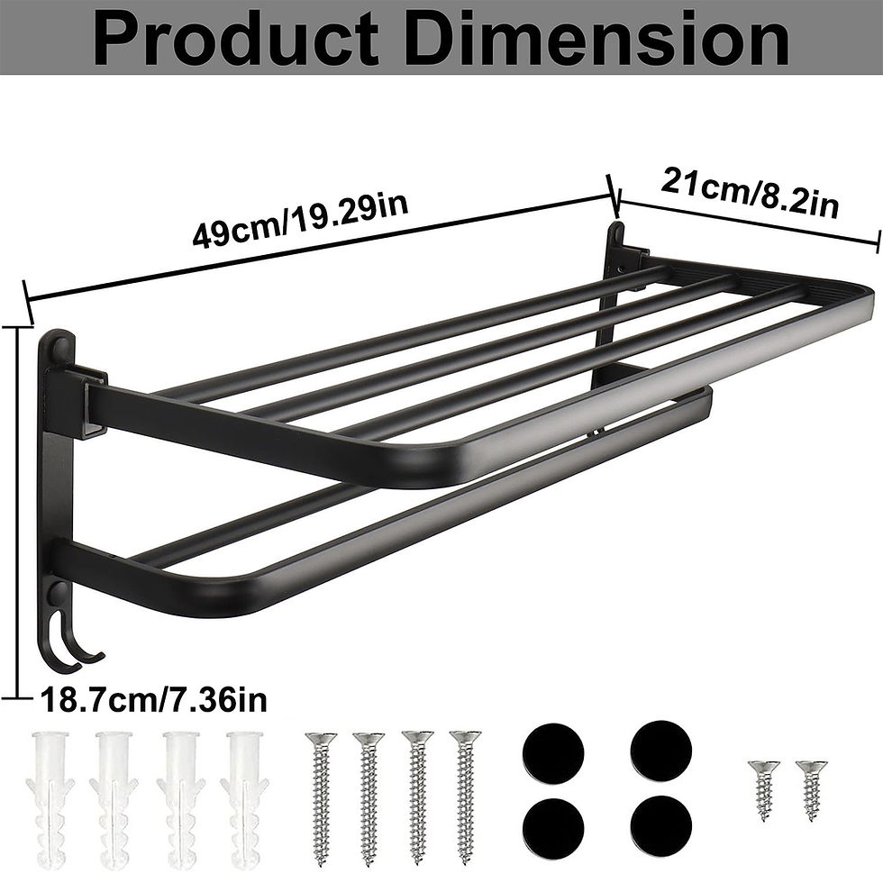 Thumbnail: 50cm Matte Black Folding Aluminum Towel Rack – Wall-Mounted Double Bar with Hook