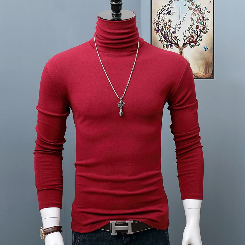 Men's Dark Red Turtleneck Long Sleeve Stretch Tee