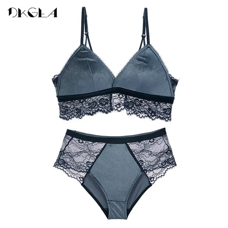 Thumbnail: Black Velvet Lace Embroidery Push Up Wireless Bra Panties Set
