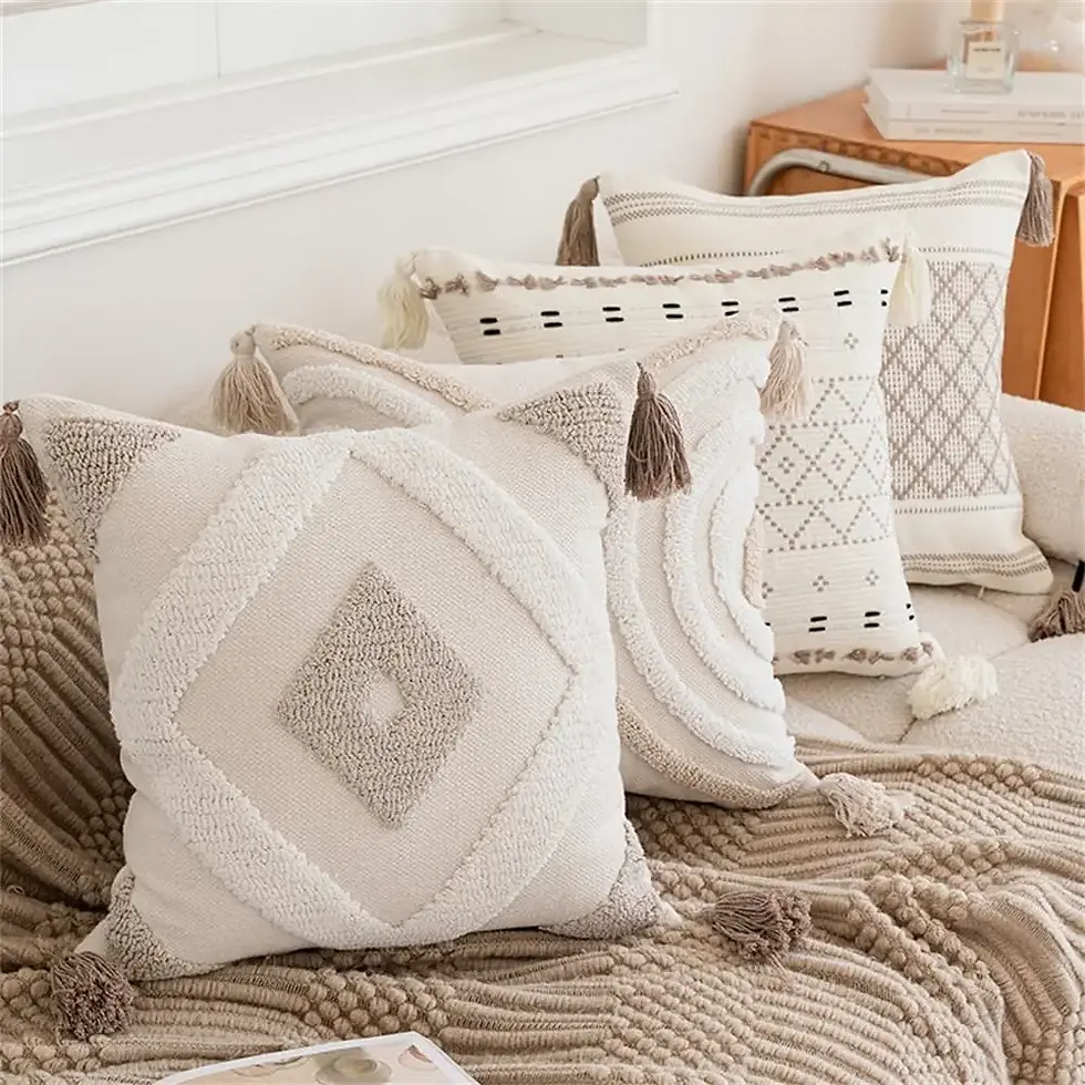 Thumbnail: Beige Boho Tufted Throw Pillow Cover – 18×18 CM Decorative Cushion