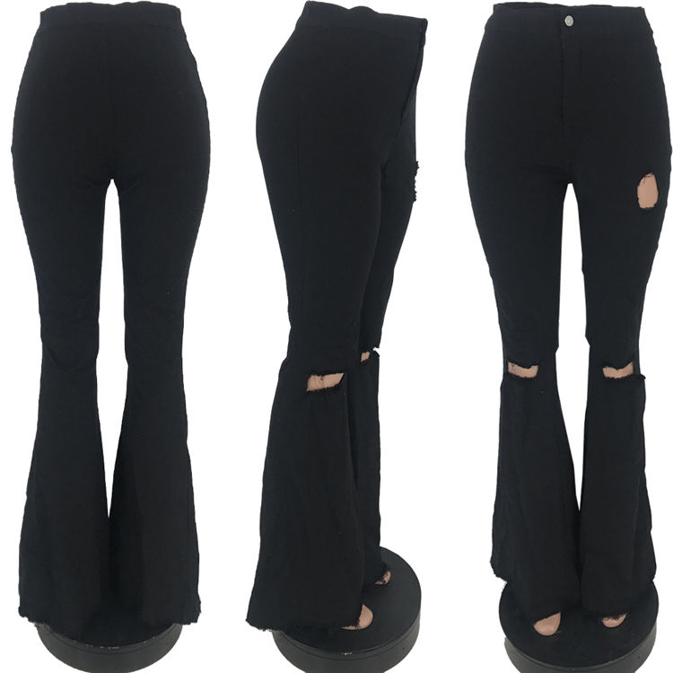 Thumbnail: High Waisted Ripped Bell Bottom Flare Jeans Women Distressed Denim Pants