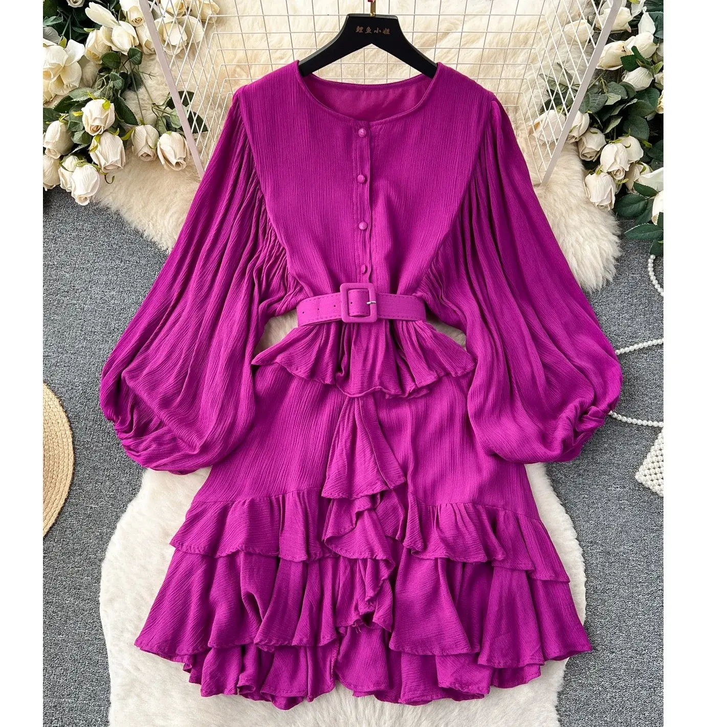 Women's Retro Bubble Sleeve Ruffle Dress Long Sleeve Casual