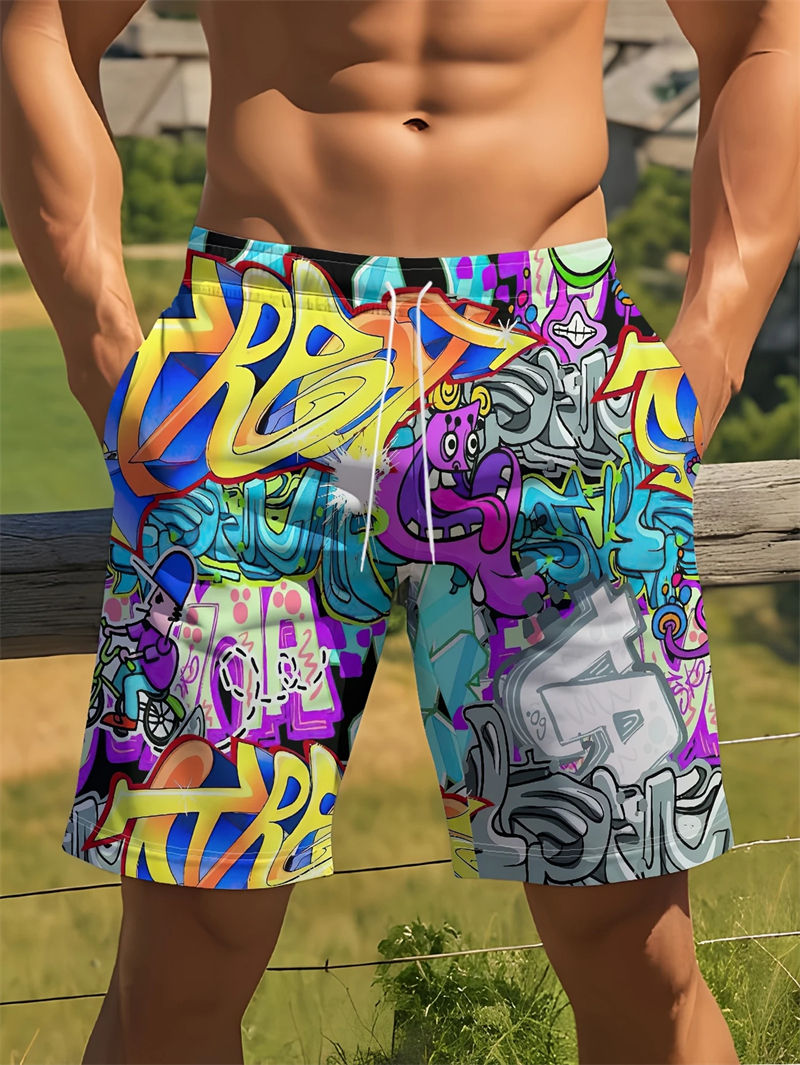 Thumbnail: Graffiti 3D Print Drawstring Swim Shorts for Men Summer Wear