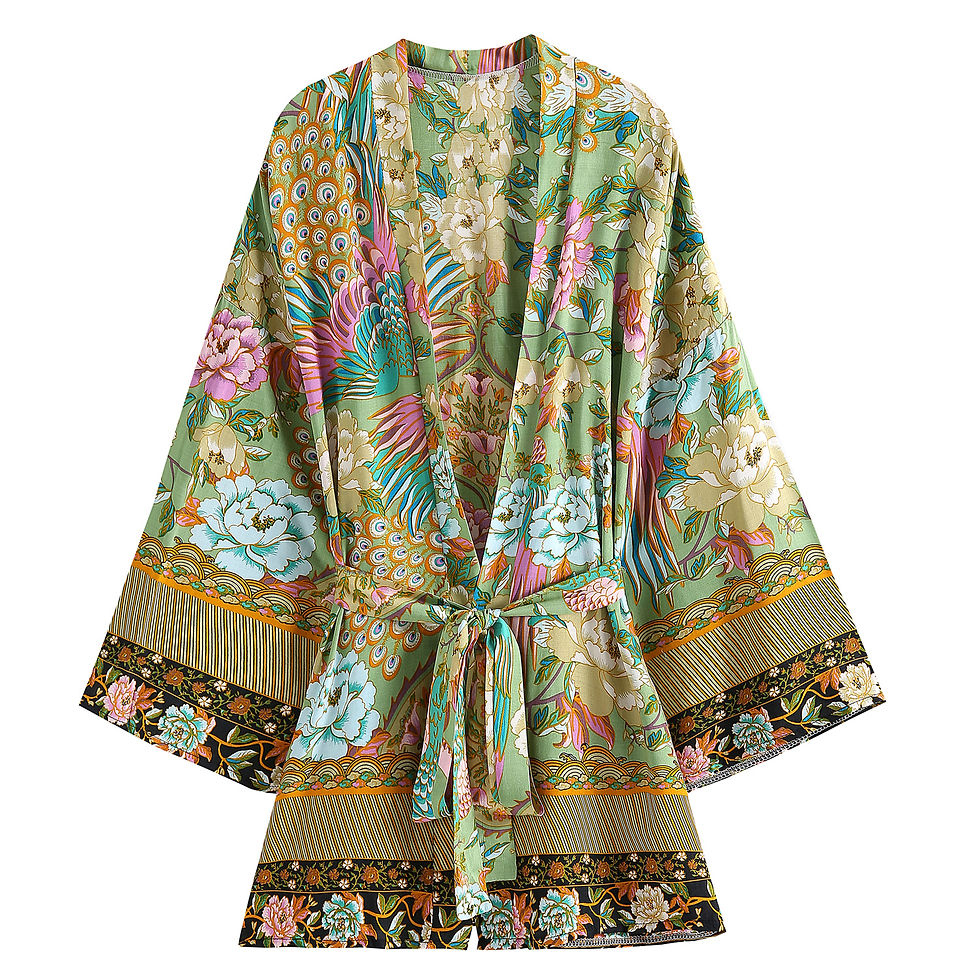 Thumbnail: Rayon Cotton Green Peacock Boho Kimono Cover‑Up Blouse