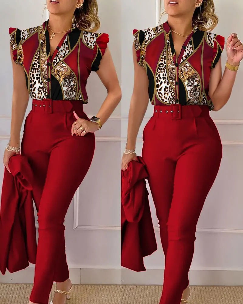 Thumbnail: Womens Floral Print Ruffle Sleeve Crop Top and Shorts Set Casual Wear