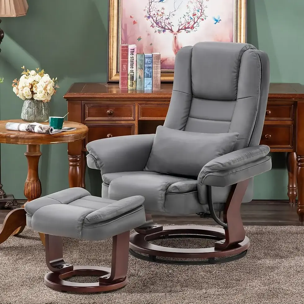 Thumbnail: Grey Faux Leather Recliner with Ottoman – Swivel Accent Chair with Massage