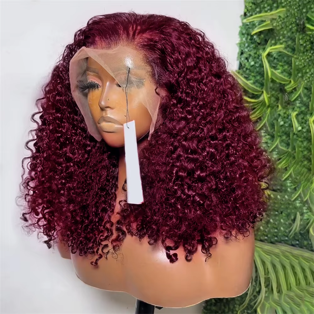 Short Bob Kinky Curly Wig with 13x4 Transparent Lace – 99J Deep Wave