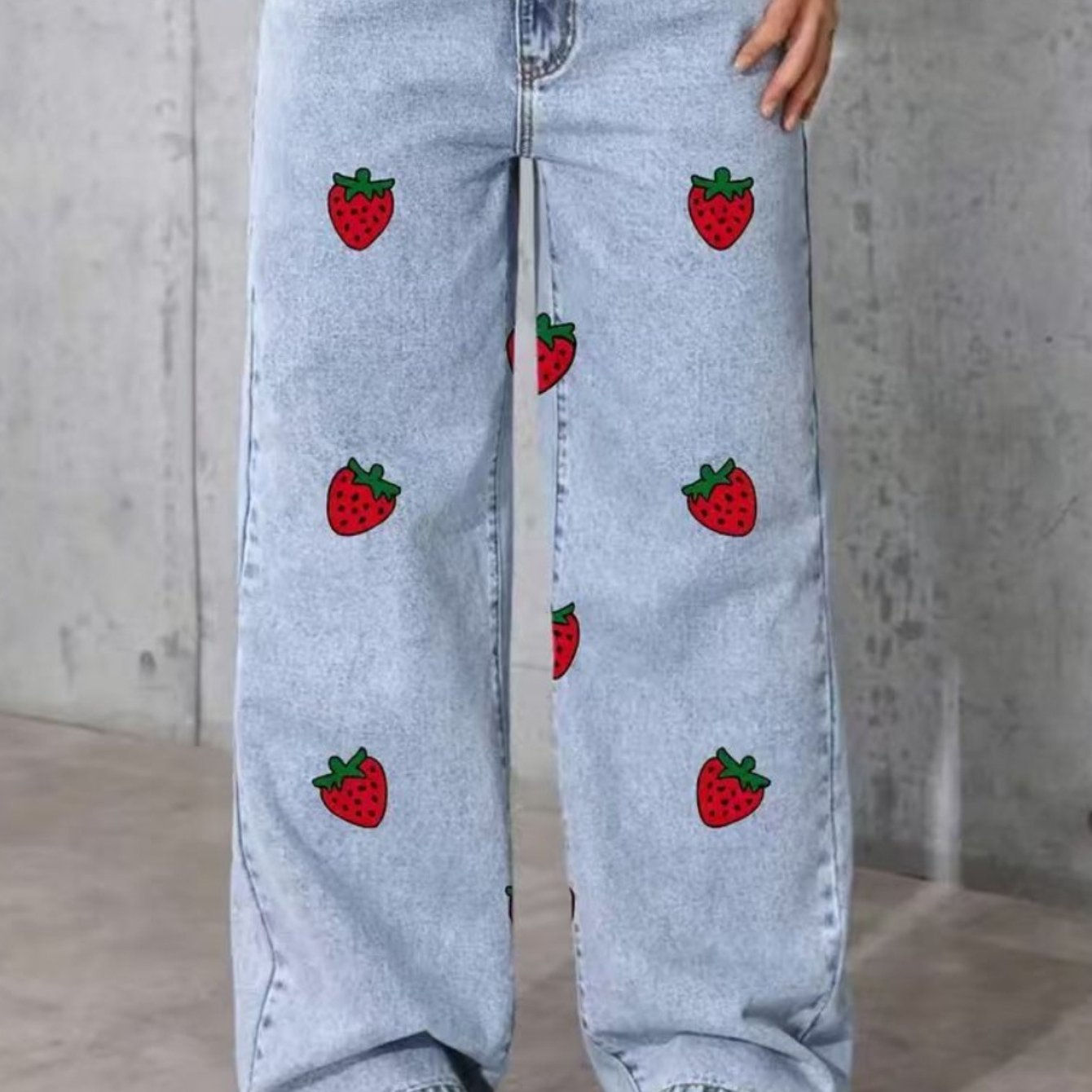 Y2K Strawberry Print Straight-Leg Denim Jeans for Teens
