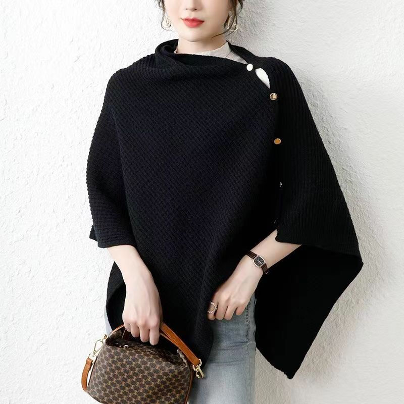 Thumbnail: Women Thick Wool Wrap Cape with Plain Color Knitted Scarf and Single Breasted