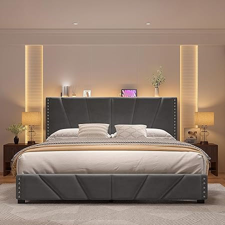 Thumbnail: King Size Velvet Bed Frame with LED Headboard & Built-In Storage