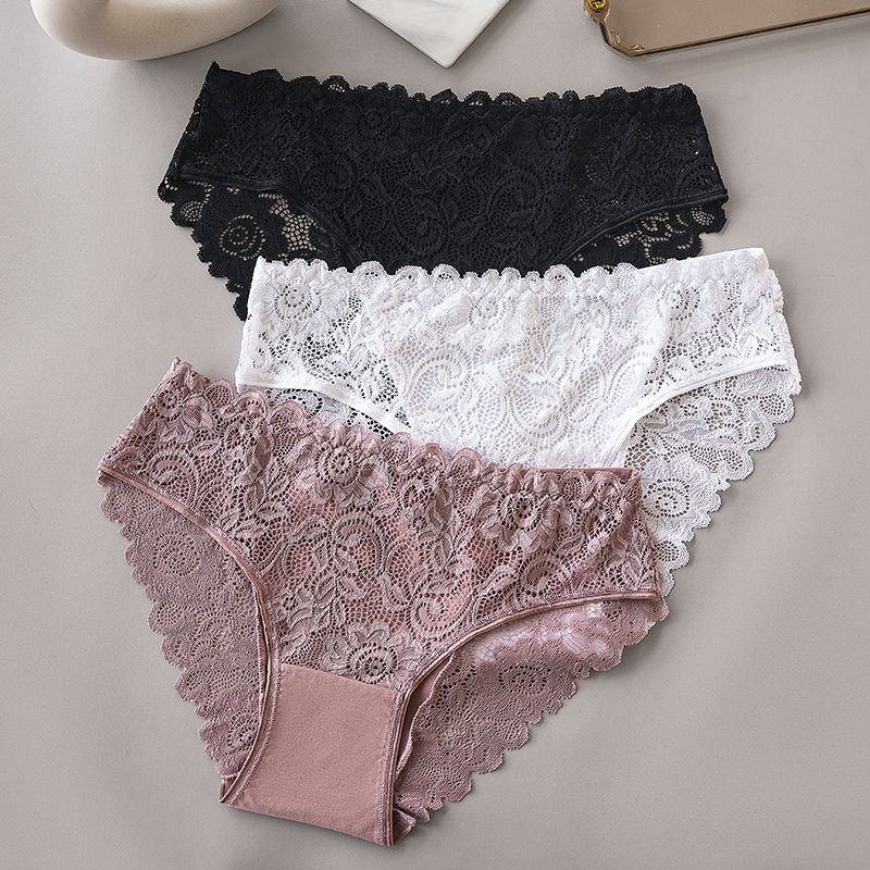 Thumbnail: 3PCS Women’s Luxury Floral Lace Briefs Mid-Rise Cotton Panty Set