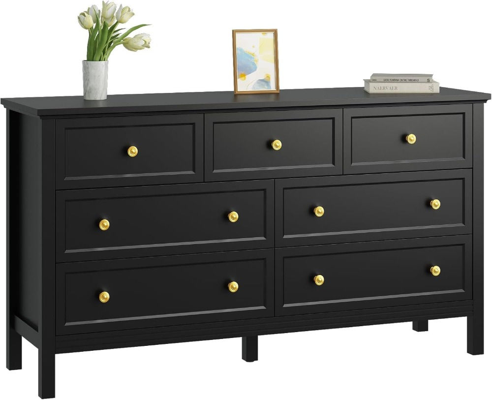 Modern Black 7-Drawer Wooden Dresser with Gold Handles for Bedroom